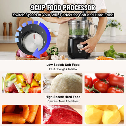 Food Processor, 9-Cup Vegetable Chopper for Chopping, Slicing, Shredding, Puree, and Kneading, 600 Watts Stainless Steel B