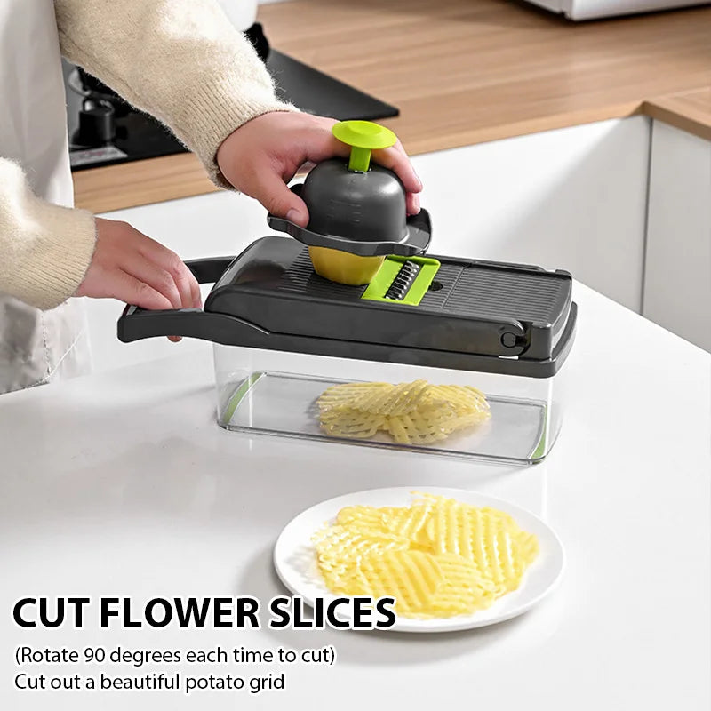 Multifunctional 12-in-1 Vegetable Slicer Cutter Shredders Slicer With Basket Fruit Potato Chopper Carrot Grater Kitchen Accessor