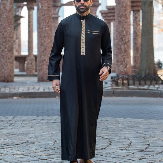 Islamic muslim Arabic men's robe long sleeve embroidered stand collar arabian thobe for men