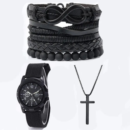 6pcs_Set Fashionable Pu Leather '8' Shape Beaded Bracelet With Mechanical Watch, Cross Pendant Necklace For Men, Black-Colored