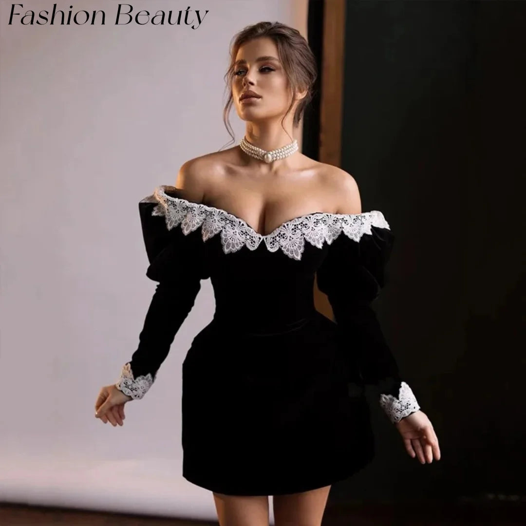 Fashion Beauty Black Velvet Evening Dresses Long Sleeves Lace Short Mini Cocktail Party Gowns For Women 2024 فساتين السهرة