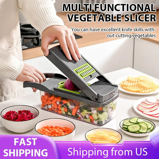 Multifunctional 12-in-1 Vegetable Slicer Cutter Shredders Slicer With Basket Fruit Potato Chopper Carrot Grater Kitchen Accessor