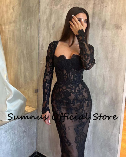 Black Lace Mermaid Evening Dress Long Sleeve Corset Strapless Prom Dresses Ankle Length Evening Gown Robe de Soiree Customized