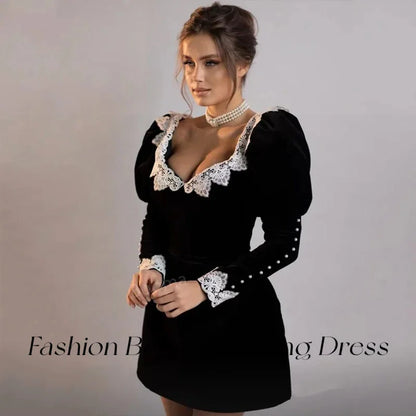 Fashion Beauty Black Velvet Evening Dresses Long Sleeves Lace Short Mini Cocktail Party Gowns For Women 2024 فساتين السهرة