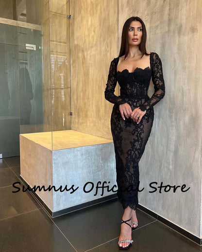 Black Lace Mermaid Evening Dress Long Sleeve Corset Strapless Prom Dresses Ankle Length Evening Gown Robe de Soiree Customized