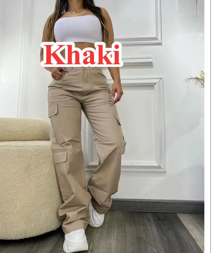 American Cargo Pants Women's High Waist Trendy Brand Multi Pocket Solid Color Casual Daily Hiphop Cargo Pants Y2K Streetwear