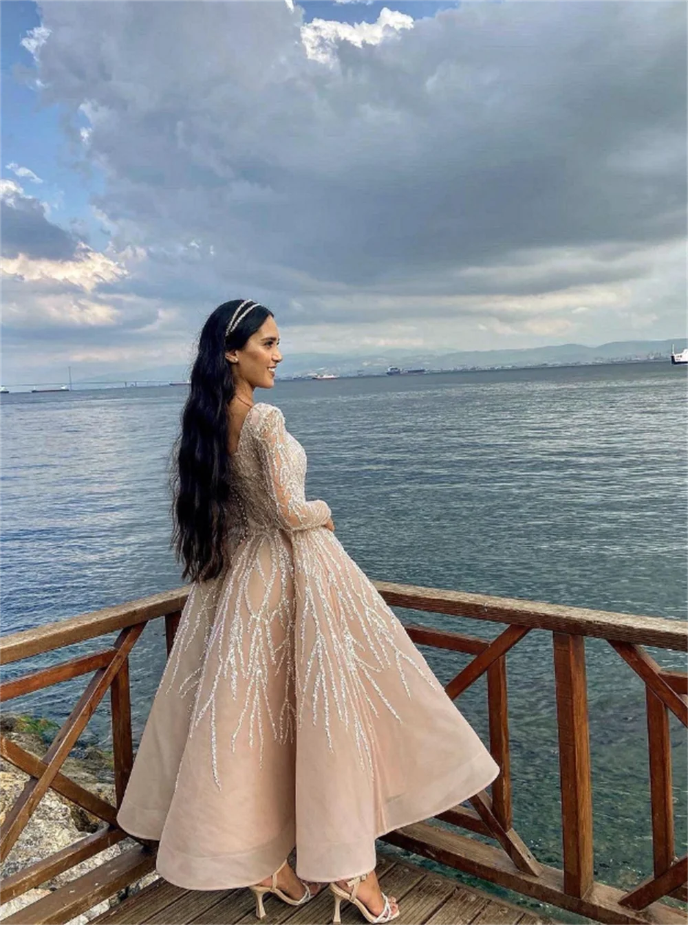 Cathy Luxury Modest Beaded Glitter Fabric Prom Dress Customized 2024 Long Sleeves Strao vestidos de fiesta  A-line فساتين السهرة