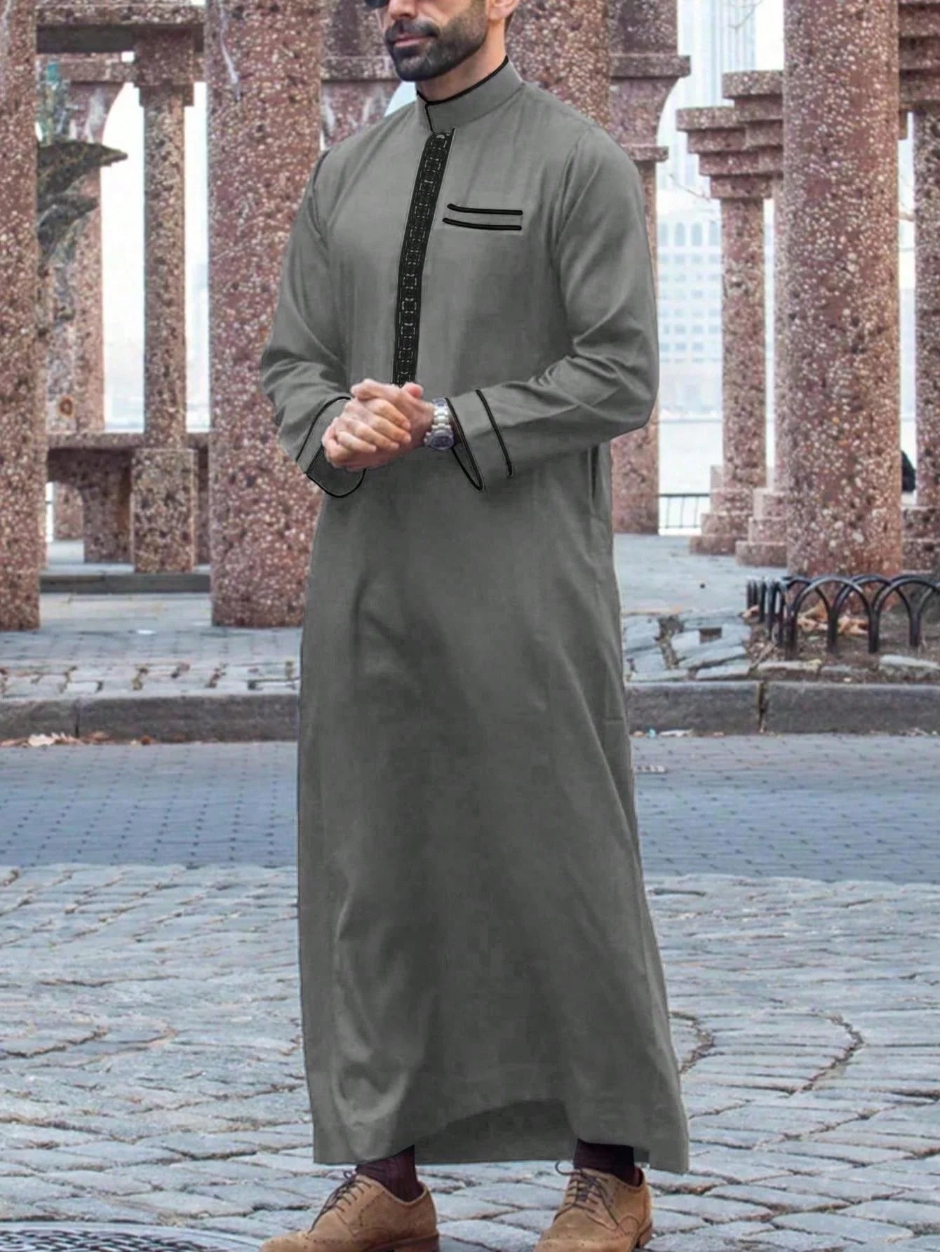 Islamic muslim Arabic men's robe long sleeve embroidered stand collar arabian thobe for men