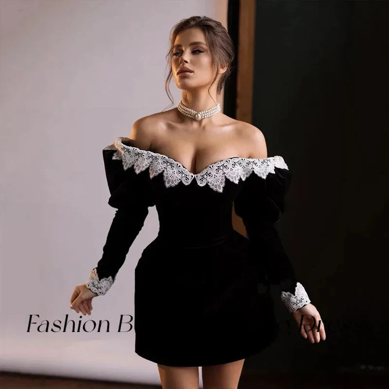 Fashion Beauty Black Velvet Evening Dresses Long Sleeves Lace Short Mini Cocktail Party Gowns For Women 2024 فساتين السهرة