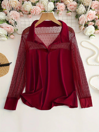 Mesh Splicing Collared Blouse, Elegant Long Sleeve Slim Top For Spring & Fall, Women's Clothing