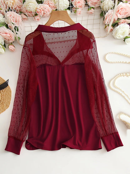 Mesh Splicing Collared Blouse, Elegant Long Sleeve Slim Top For Spring & Fall, Women's Clothing